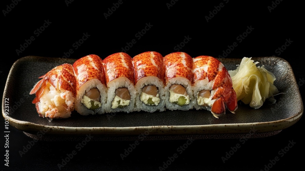 A crisp Full HD image of a lobster sushi roll, beautifully plated with wasabi and pickled ginger on the side, highlighting the fusion of flavors in a creative presentation. A crisp Full HD image of a lobster sushi roll, beautifully plated with wasabi and pickled ginger on the side, highlighting the fusion of flavors in a creative presentation.