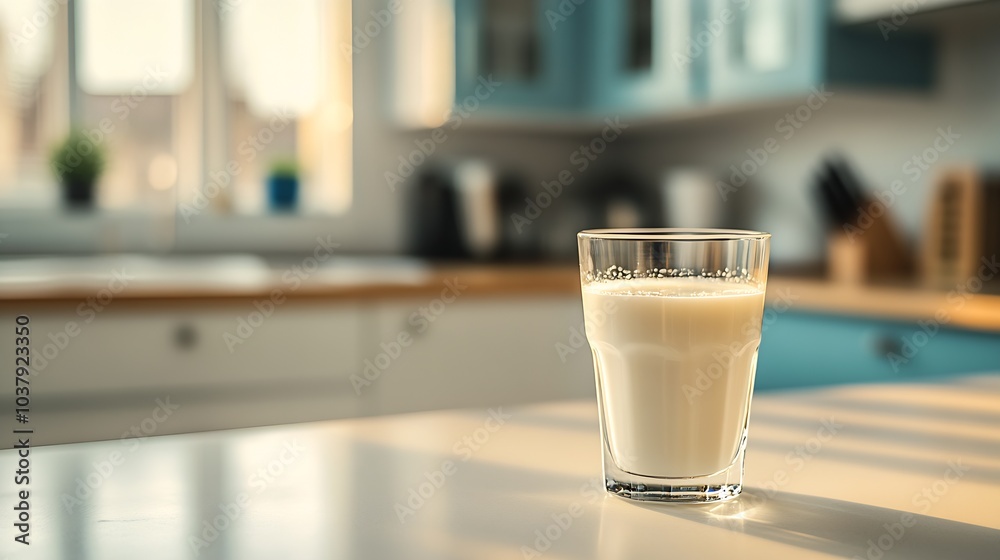 Morning Calm with Glass of Milk in Sunlit Kitchen Creating Warm Atmosphere : Generative AI Morning Calm with Glass of Milk in Sunlit Kitchen Creating Warm Atmosphere : Generative AI