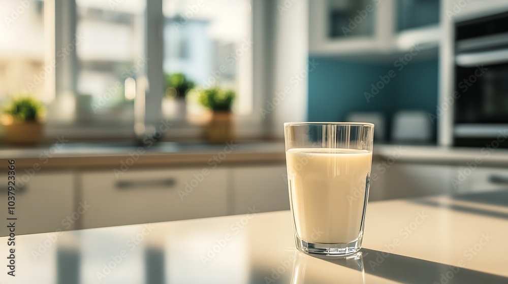 Glass of Fresh Milk on Modern Kitchen Counter with Sunlight Through Window : Generative AI Glass of Fresh Milk on Modern Kitchen Counter with Sunlight Through Window : Generative AI