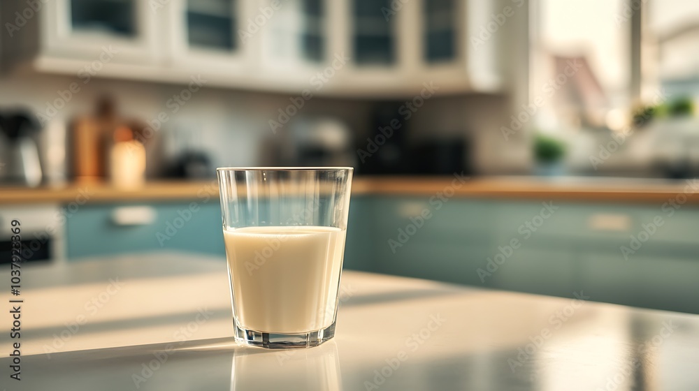 Serene Kitchen Setting with Sunlit Glass of Milk on Counter for Home Comfort : Generative AI Serene Kitchen Setting with Sunlit Glass of Milk on Counter for Home Comfort : Generative AI