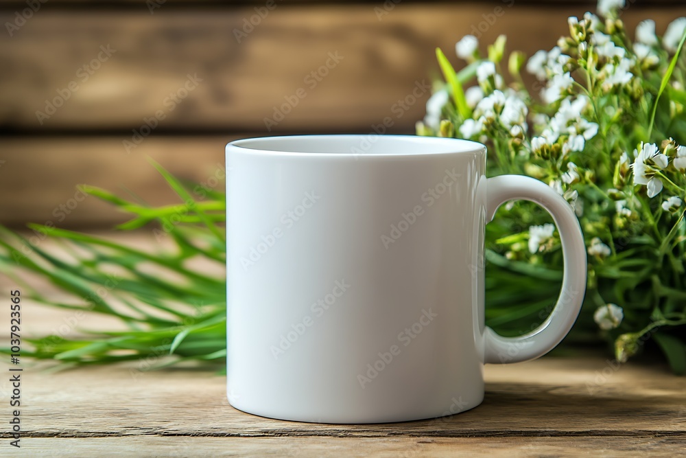 Plain White Mug Mockup with Fresh Greenery and Wooden Background : Generative AI Plain White Mug Mockup with Fresh Greenery and Wooden Background : Generative AI