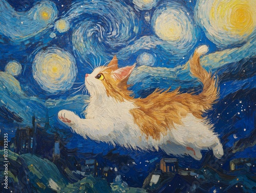 Cat in Starry Night Painting Style photo