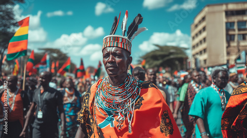 Uhuru Celebration, a huge parade in Nairobi with people wearing traditional Kenyan clothes, traditional dances filling the streets, Ai generated images photo