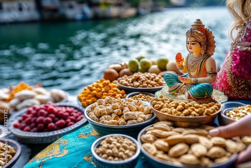 Lakshmi Puja setup with a beautifully decorated idol of Lakshmi, surrounded by offerings of sweets, fruits, and gold coins photo