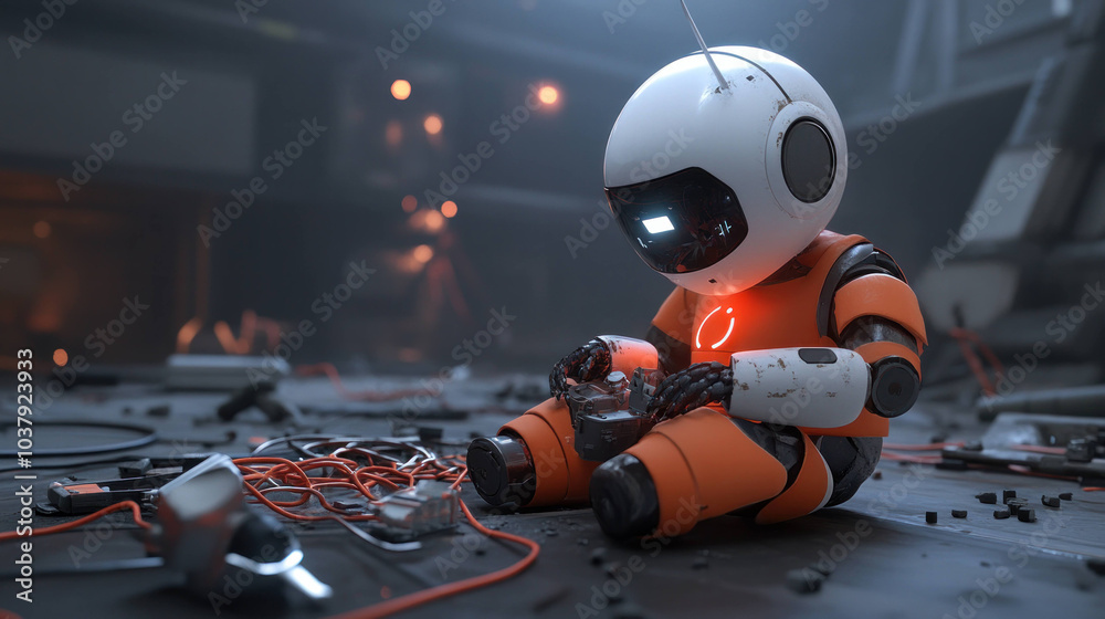 small robot with round head and orange body sits on cluttered floor, focused on transparent object in its hands. scene conveys sense of curiosity and exploration in futuristic environment small robot with round head and orange body sits on cluttered floor, focused on transparent object in its hands. scene conveys sense of curiosity and exploration in futuristic environment