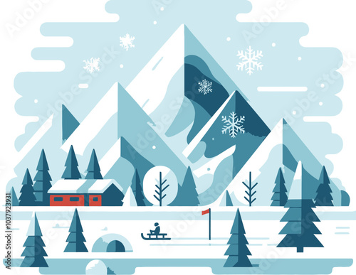 a flat vector  two-dimensional vector depiction illustrating a winter scene with a cold mountain, characterized by a flat vector style and a minimalist design against a whiteAdobe Illustrator Artwork