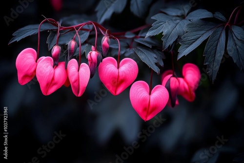 Lamprocapnos spectabilis in a dark gothic setting, its pink heart-shaped blooms standing out against deep black shadows photo