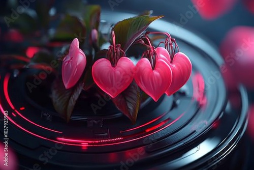 Lamprocapnos spectabilis in a futuristic digital display, its pink heart-shaped flowers forming a holographic pattern photo