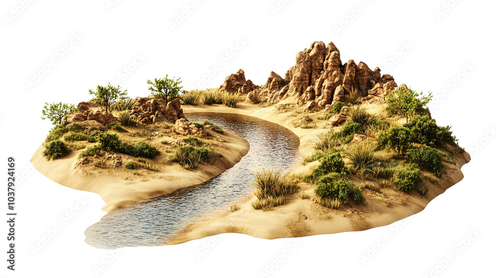 A river flowing through a desert oasis, arid landscape, 3D rendering, warm sandy tones, isolated on white background A river flowing through a desert oasis, arid landscape, 3D rendering, warm sandy tones, isolated on white background