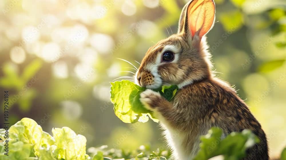 A rabbit is eating lettuce in a green field