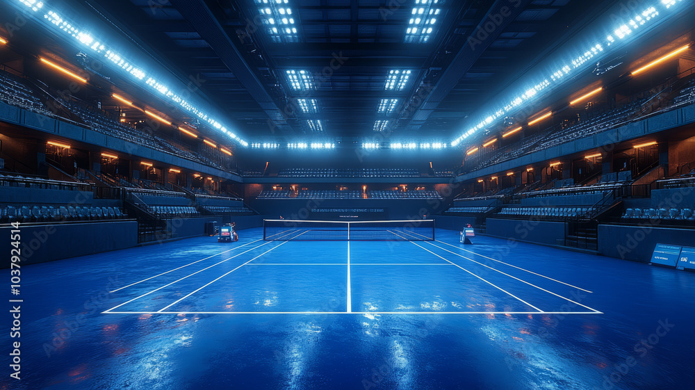 Fototapeta premium A blue tennis court inside an empty stadium with no people,