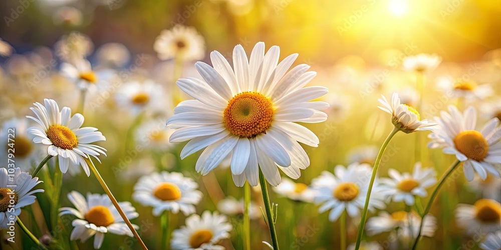 Fototapeta premium A vibrant daisy blooms in a field of wildflowers bathed in the warm glow of the setting sun, its delicate petals illuminated by the golden light.