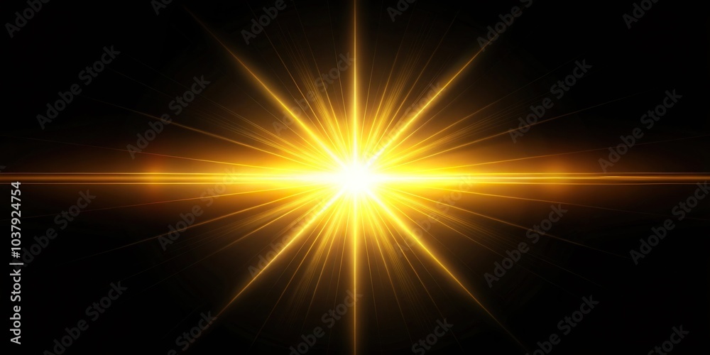 Obraz premium Symmetrical bright yellow warm light flare on black background