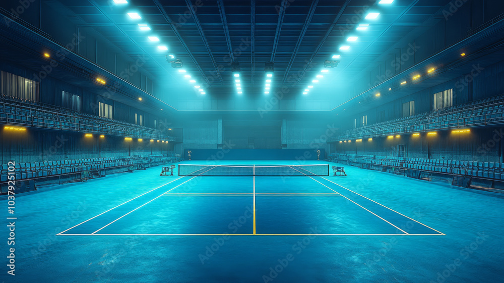 A blue tennis court inside an empty stadium with no people, A blue tennis court inside an empty stadium with no people,