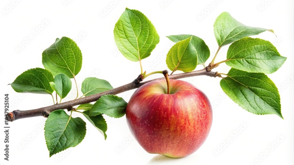 Obraz premium Tilted angle apple tree branch with green leaves isolated on white background