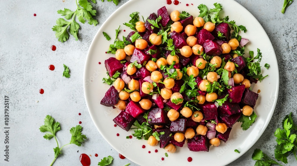 Beetroot and chickpea salad, isolated on a white plate with coriander sprigs and a drizzle of vinaigrette Beetroot and chickpea salad, isolated on a white plate with coriander sprigs and a drizzle of vinaigrette