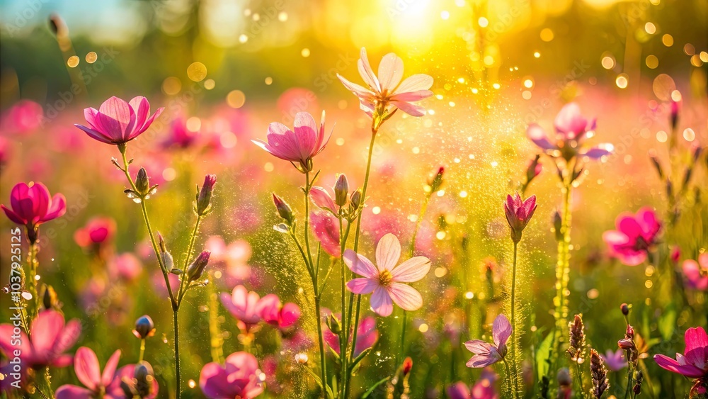 Golden Hour Bloom Delicate Pink Flowers in a Sun-Kissed Field, Dusted with a Soft, Golden Light Golden Hour Bloom Delicate Pink Flowers in a Sun-Kissed Field, Dusted with a Soft, Golden Light