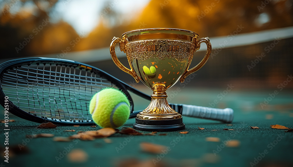 A golden trophy and tennis racket on a green court background