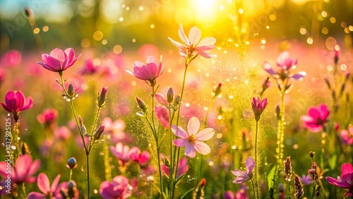 Golden Hour Bloom Delicate Pink Flowers in a Sun-Kissed Field, Dusted with a Soft, Golden Light