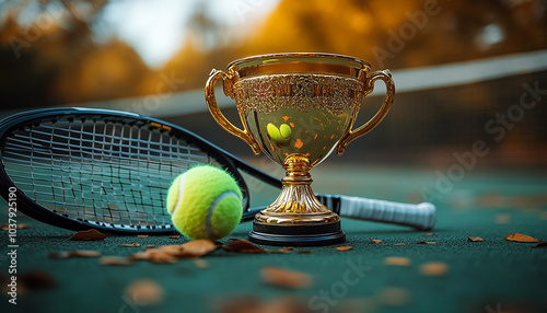 Obraz na płótnie A golden trophy and tennis racket on a green court background w salonie