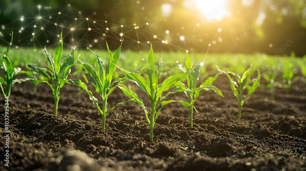Growing young maize seedling in cultivated agricultural farm field with modern technology concepts. Growing young maize seedling in cultivated agricultural farm field with modern technology concepts.