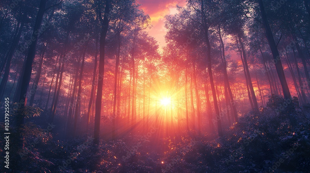 Sunrise Through the Trees in a Misty Forest Sunrise Through the Trees in a Misty Forest