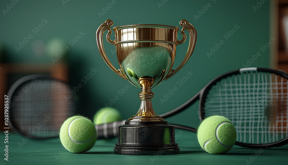 A golden trophy and tennis racket on a green court background