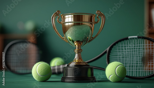 Obraz na płótnie A golden trophy and tennis racket on a green court background w salonie