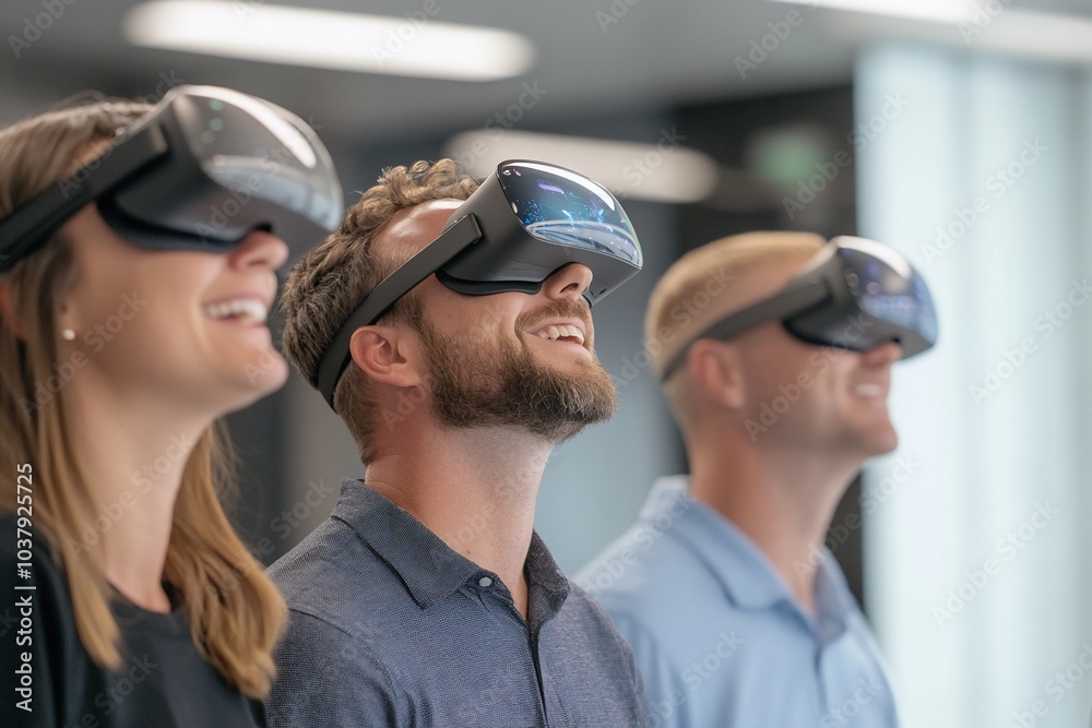 Three people wearing VR headsets, looking upwards and smiling. Three people wearing VR headsets, looking upwards and smiling.