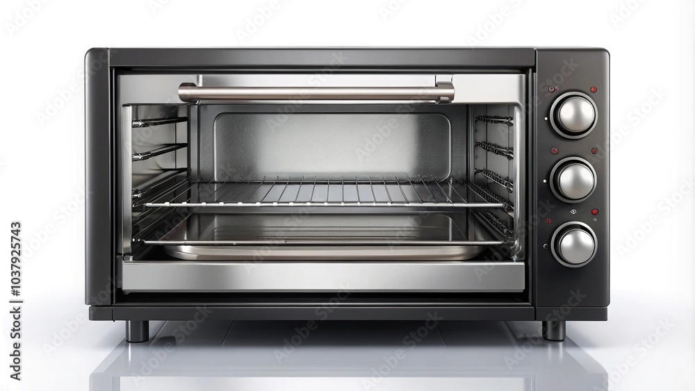 Symmetrical modern black compact toaster oven on white background Symmetrical modern black compact toaster oven on white background