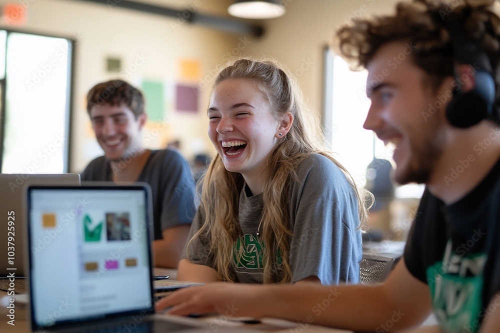 Three young adults laugh together while working on laptops in a modern office space. Three young adults laugh together while working on laptops in a modern office space.
