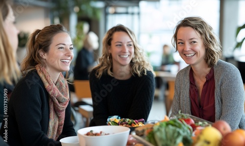 Three smiling women enjoy lunch together in a modern office setting.