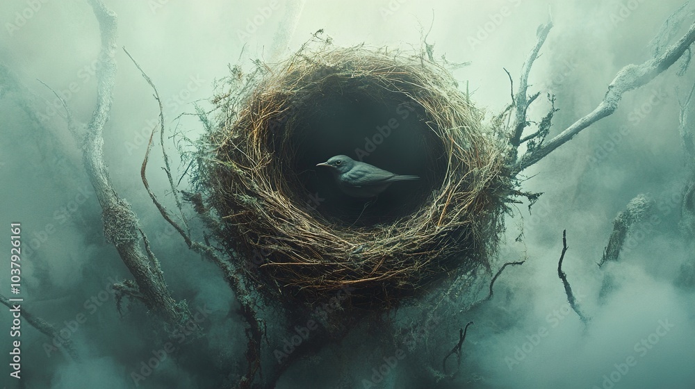 Solitude in the Mist: A Bird in a Nest Solitude in the Mist: A Bird in a Nest