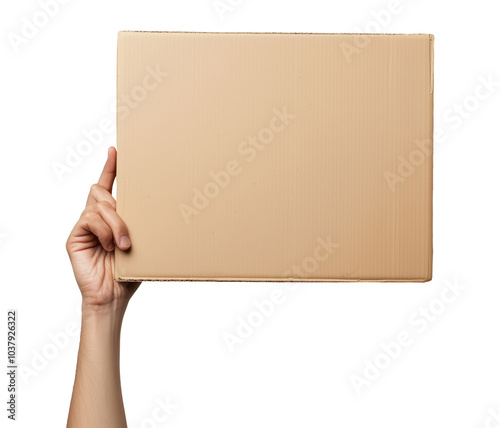 Hand with cardboard placard isolated on transparent background