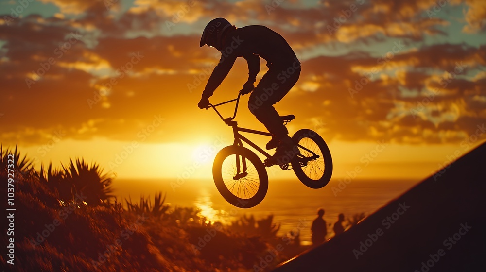Obraz premium BMX Rider Silhouette Performing Tailwhip at Sunset