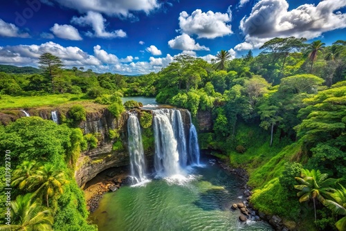 tropical waterfall cascading with clear blue sky and white clouds from a high angle view