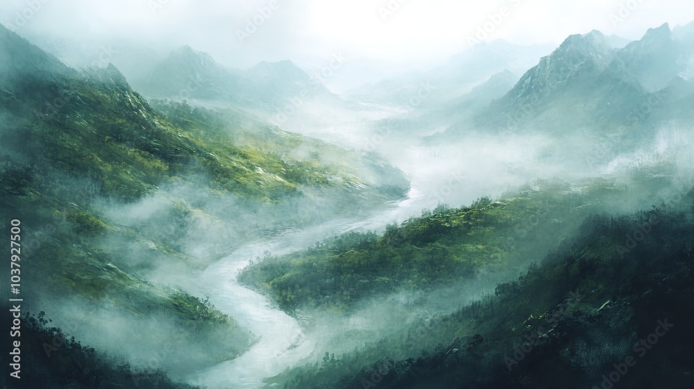 A river winding through a foggy valley, moody landscape, digital painting, muted colors, isolated on white background A river winding through a foggy valley, moody landscape, digital painting, muted colors, isolated on white background
