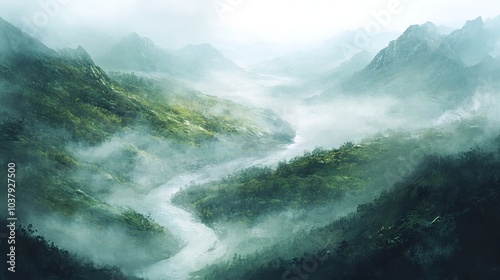 A river winding through a foggy valley, moody landscape, digital painting, muted colors, isolated on white background 