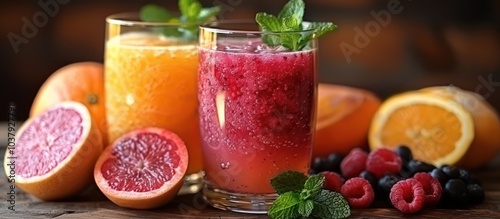 Two glasses of refreshing drinks with fresh fruits and mint leaves.