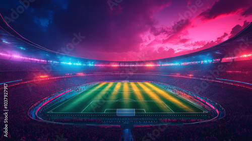 minimal, neon vector illustration of football stadium championship in Qatar.