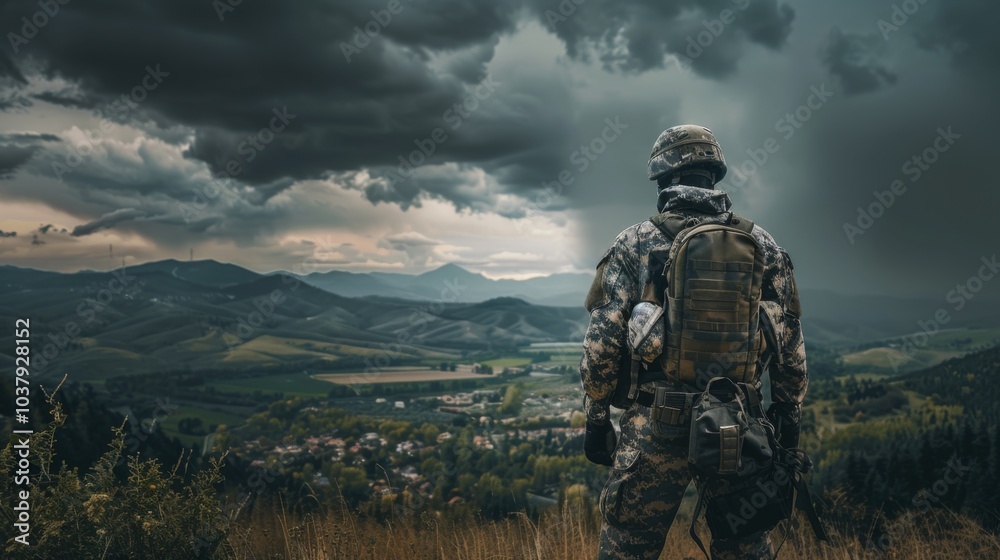 Soldier Overlooking a Scenic Landscape Soldier Overlooking a Scenic Landscape