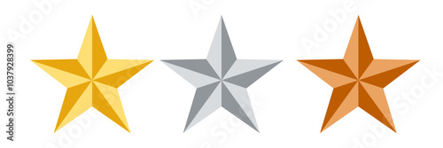golden silver bronze stars, 1st 2nd 3rd place awards, flat vector set