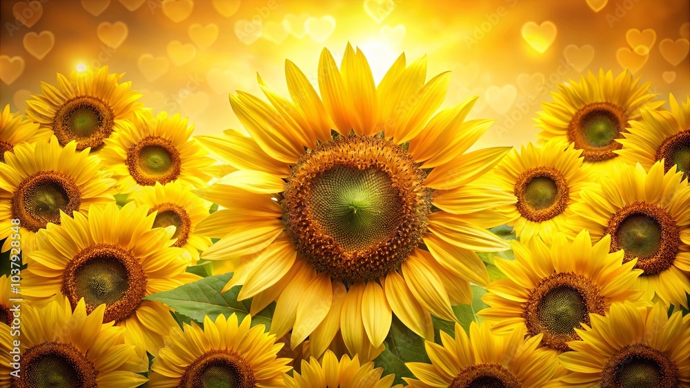 Fototapeta premium A radiant bouquet of vibrant sunflowers bathed in warm light, their petals unfurling in a joyful celebration of summer's golden hour.