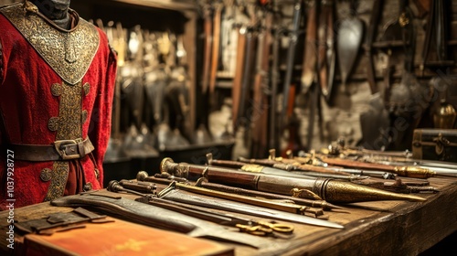 A table full of swords and a red jacket with a cross on it