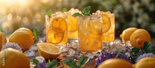 Two glasses of iced tea with lemon slices and mint leaves on a wooden table with lemons, ice cubes, and purple flowers in the background.