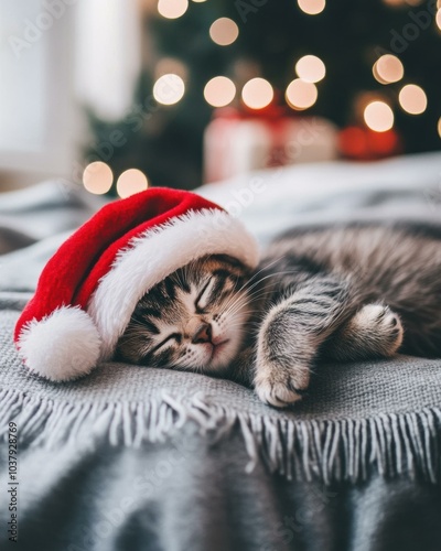 A kitten wearing a Santa hat sleeps peacefully. AI.
