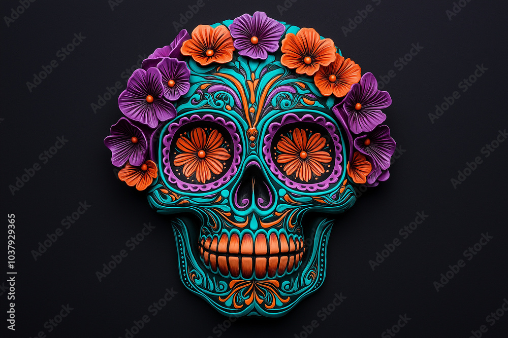 Naklejka premium Colorful sugar skull with vibrant flowers and intricate designs