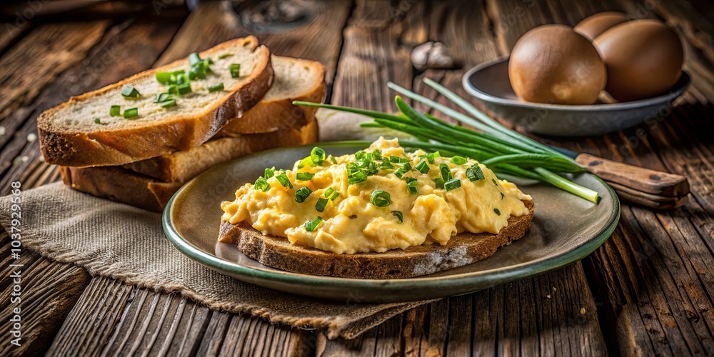 Scrambled eggs with chives on rustic toast, a simple and flavorful breakfast Scrambled eggs with chives on rustic toast, a simple and flavorful breakfast