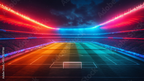 minimal, neon vector illustration of football stadium championship in Qatar.