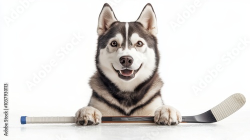Happy Husky Playing with Hockey Stick on Ice